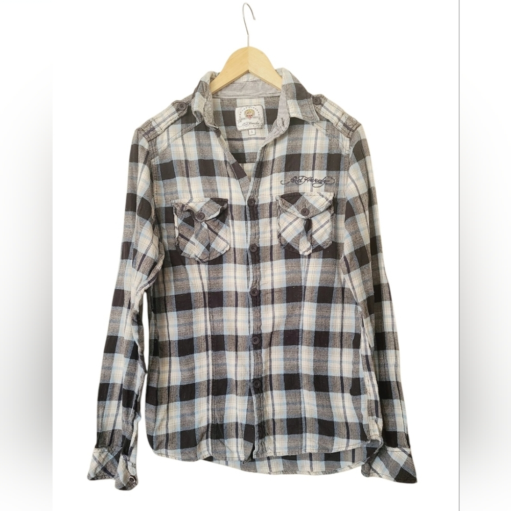 Vintage Ed Hardy Plaid Mens  Button-Up Shirt Size Small